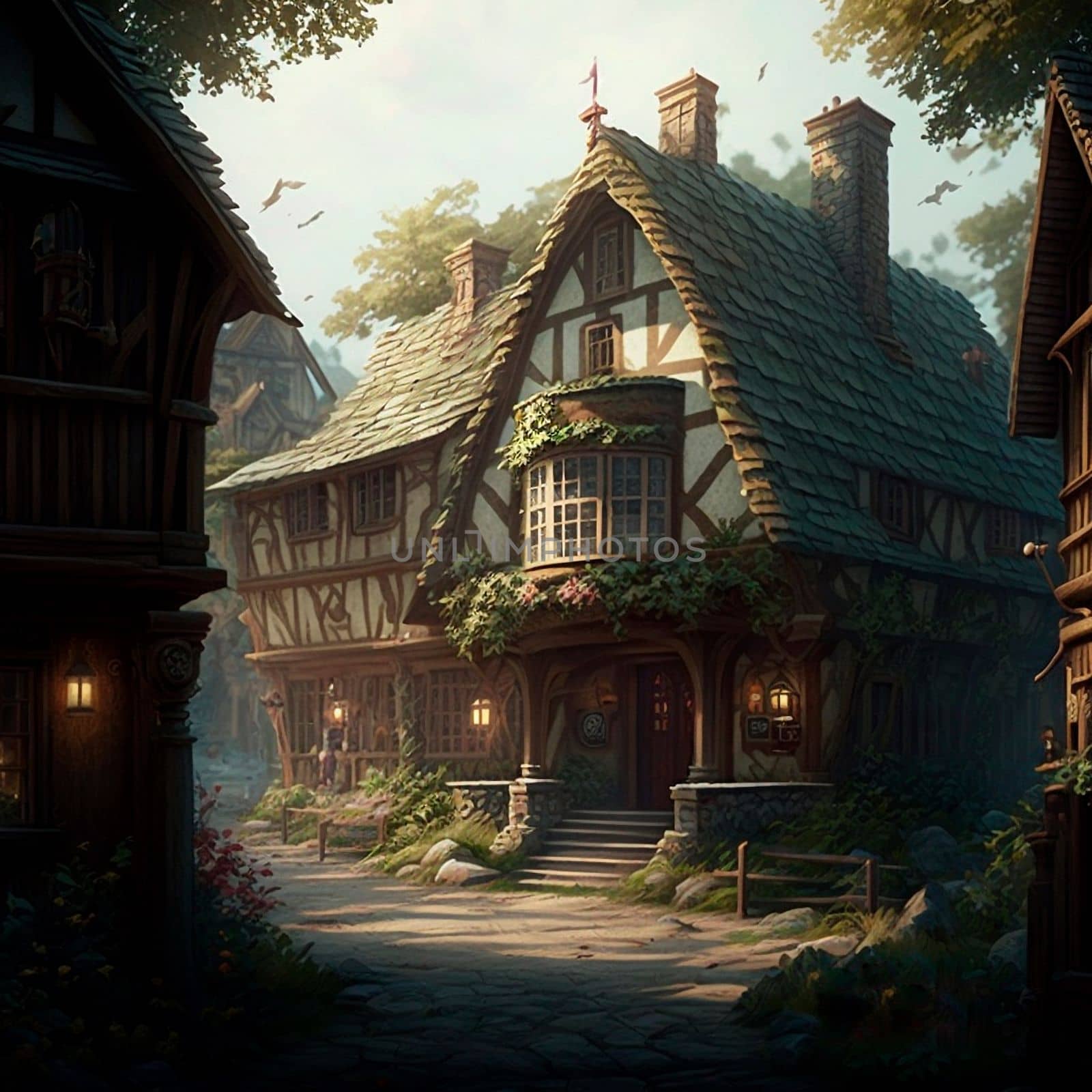 Cozy fairytale town in fantasy style. High quality illustration