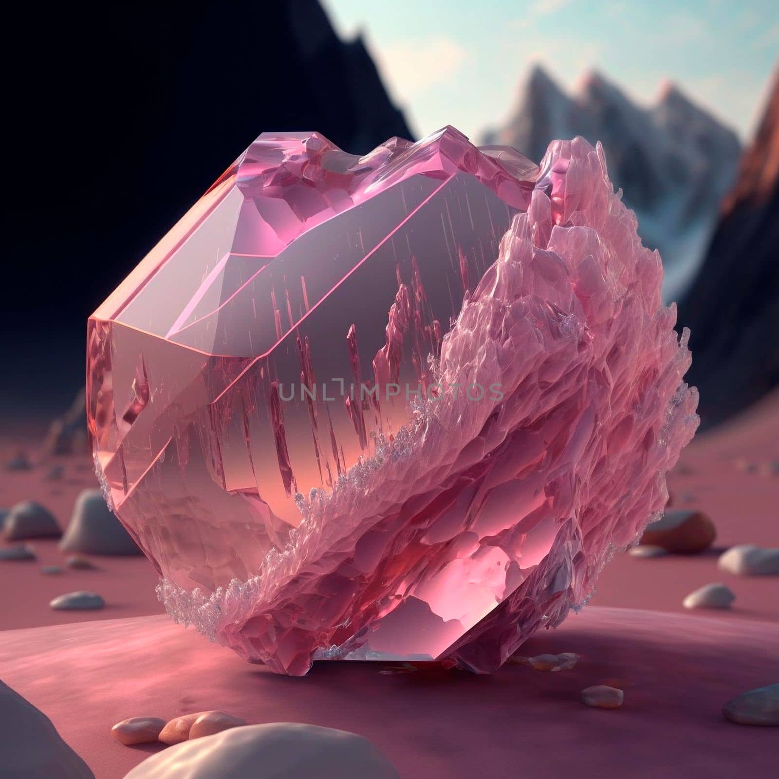 pink crystal in the mountains. High quality illustration