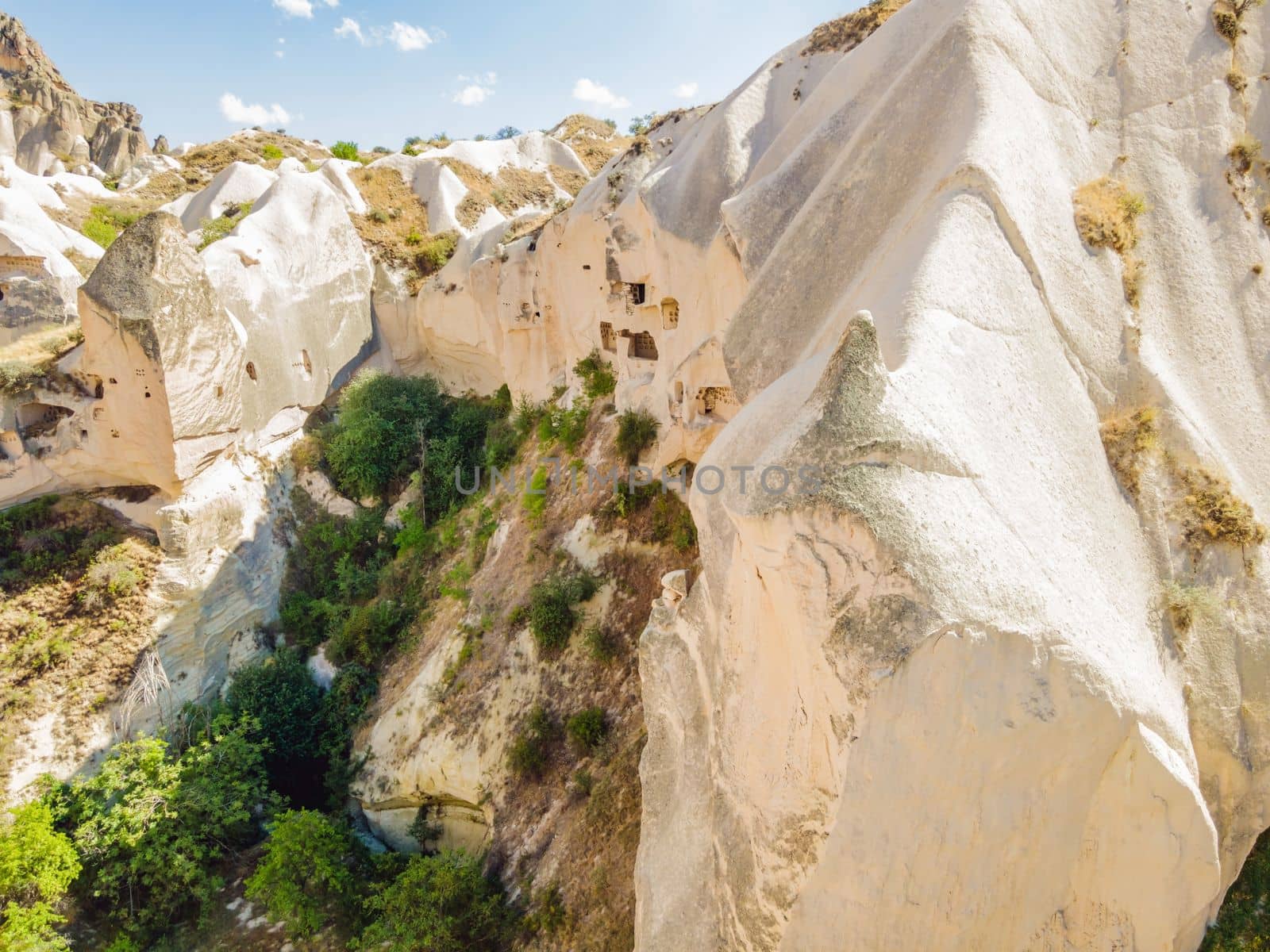 Beautiful stunning view of the mountains of Cappadocia and cave houses. Turkey.