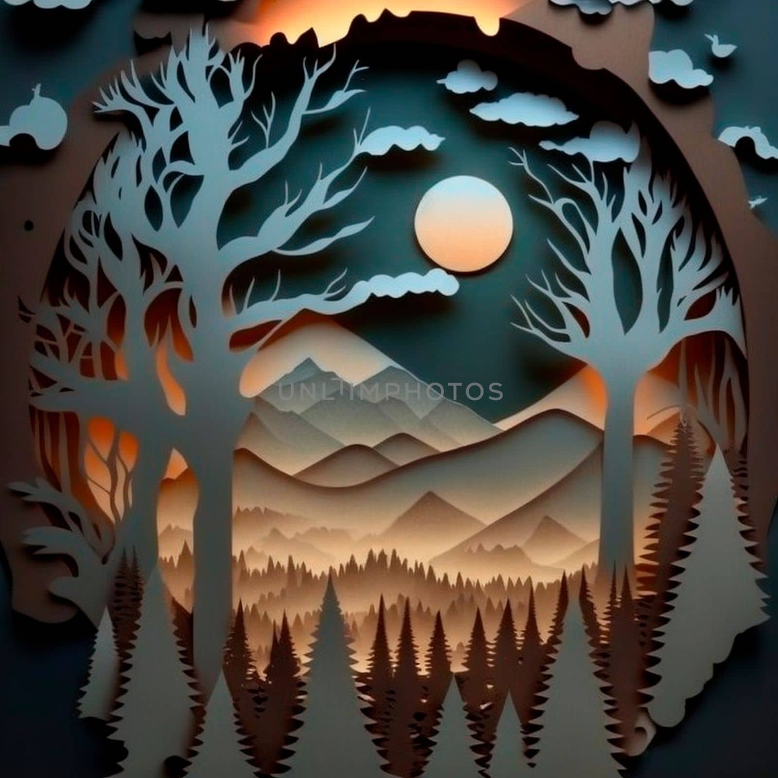 multi-layered crafts made of paper. Mountains, trees, forest and clouds. High quality illustration