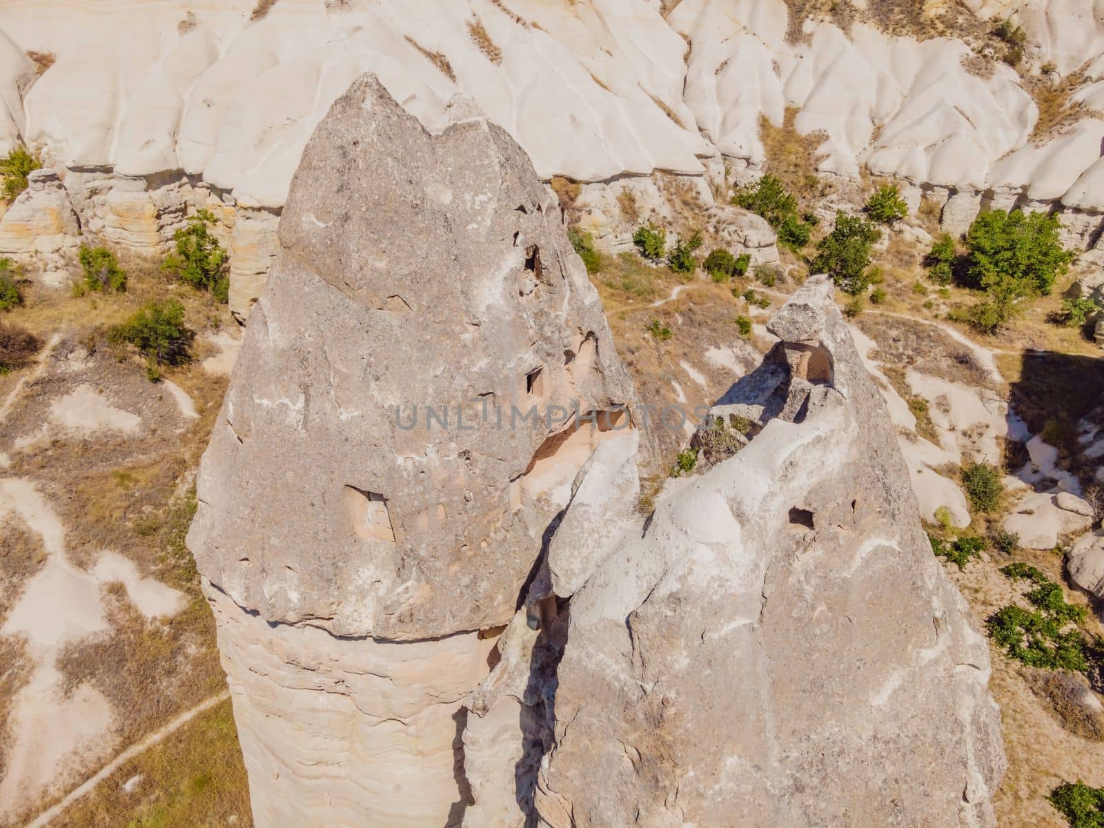 Unique geological formations in Love Valley in Cappadocia, popular travel destination in Turkey by galitskaya