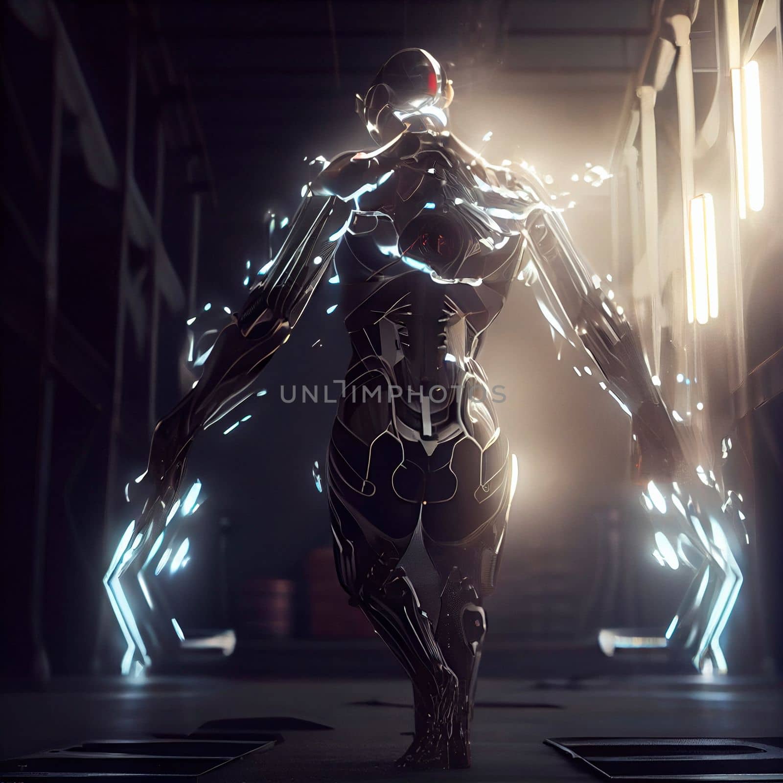 Modernized cyborg. Man in a robotic exoskeleton. New weapon. High quality illustration