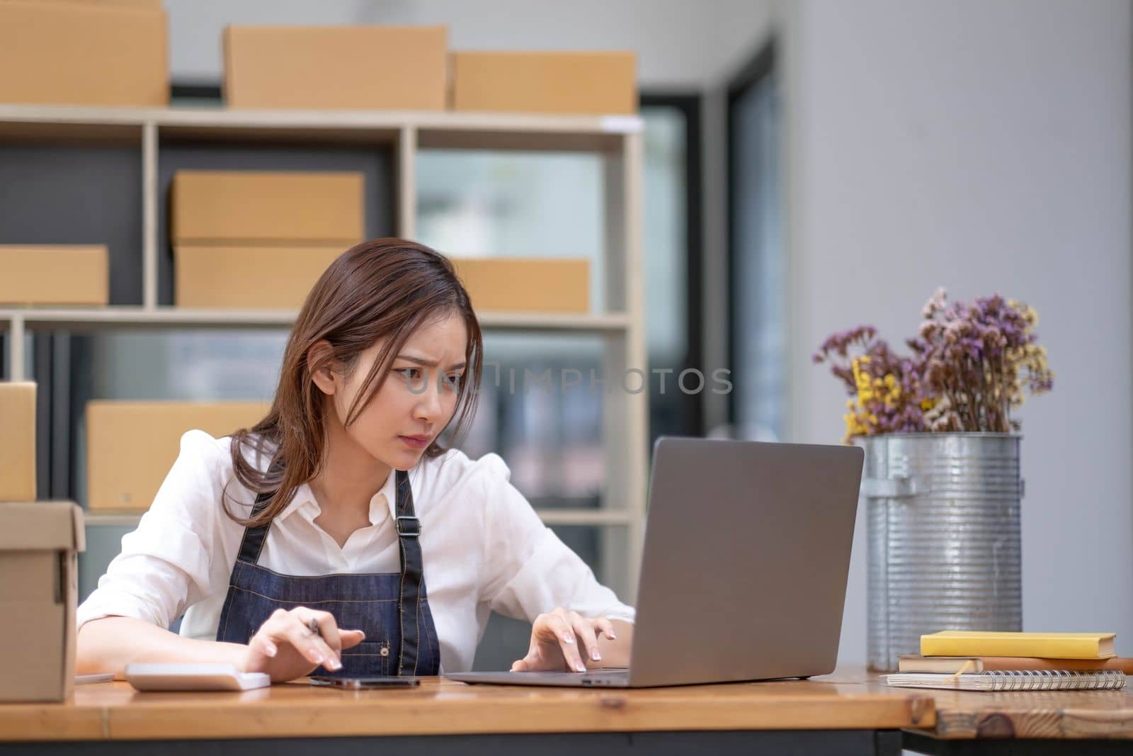 Young Asian business entrepreneur stress in online business, failure woman with working problem. SME entrepreneur and Online selling concept...