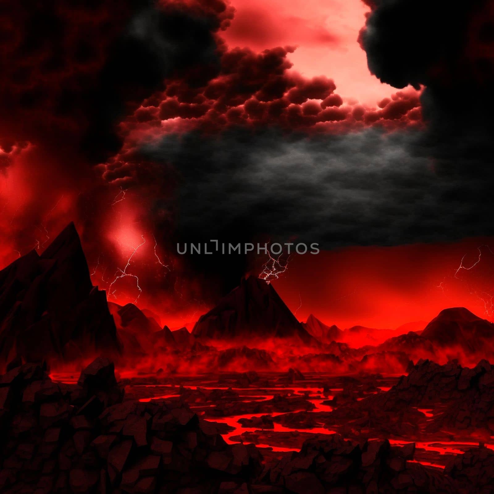 Red mountains, flashes and cracks on the surface. Gloomy sky. Magma and lava spread over the mountains. Lava world collection. High quality illustration