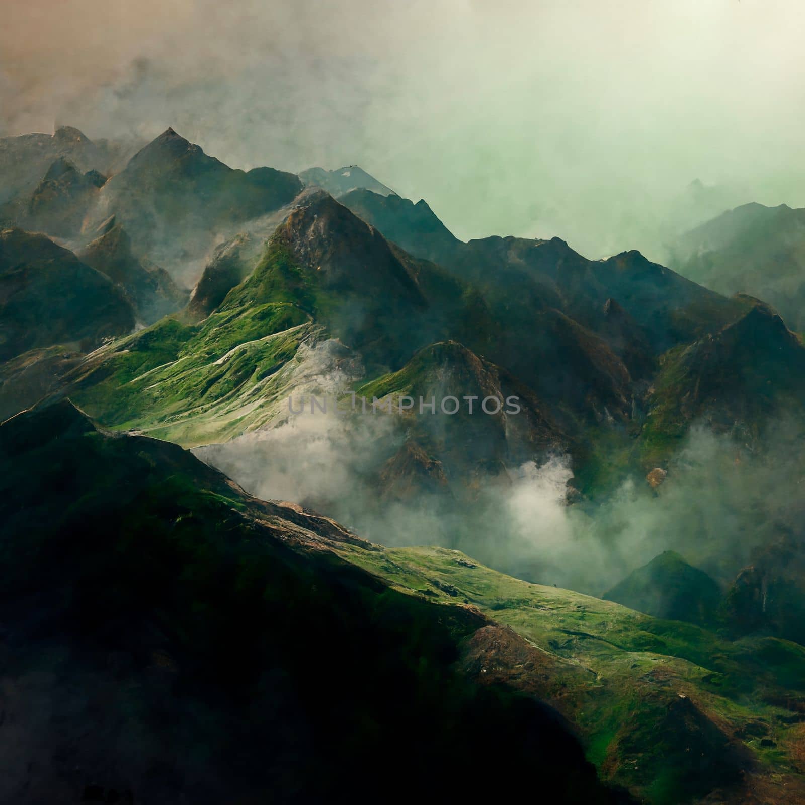 Green mountain range. Landscape of misty mountains. High quality illustration