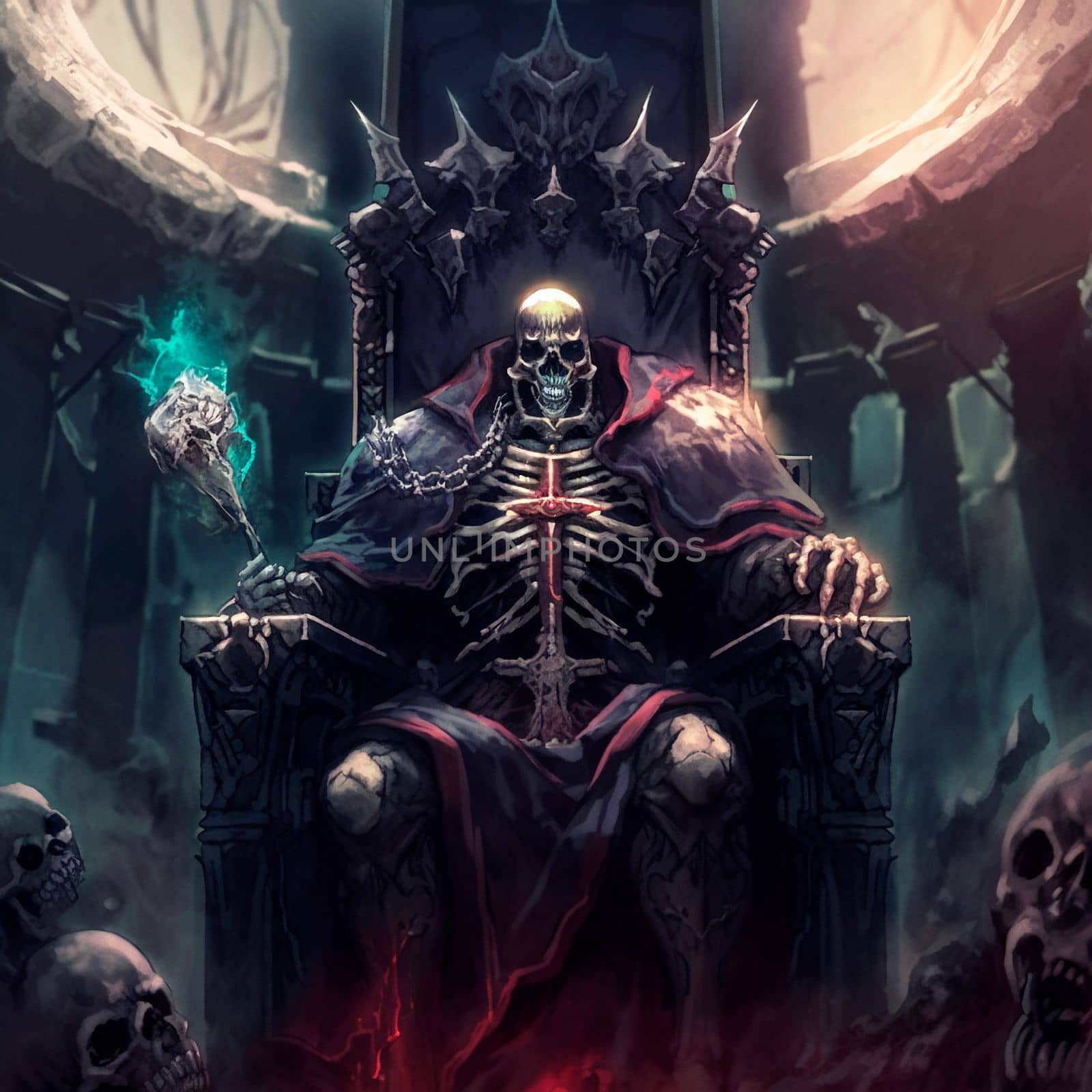 The skeleton king sits on his throne. High quality illustration