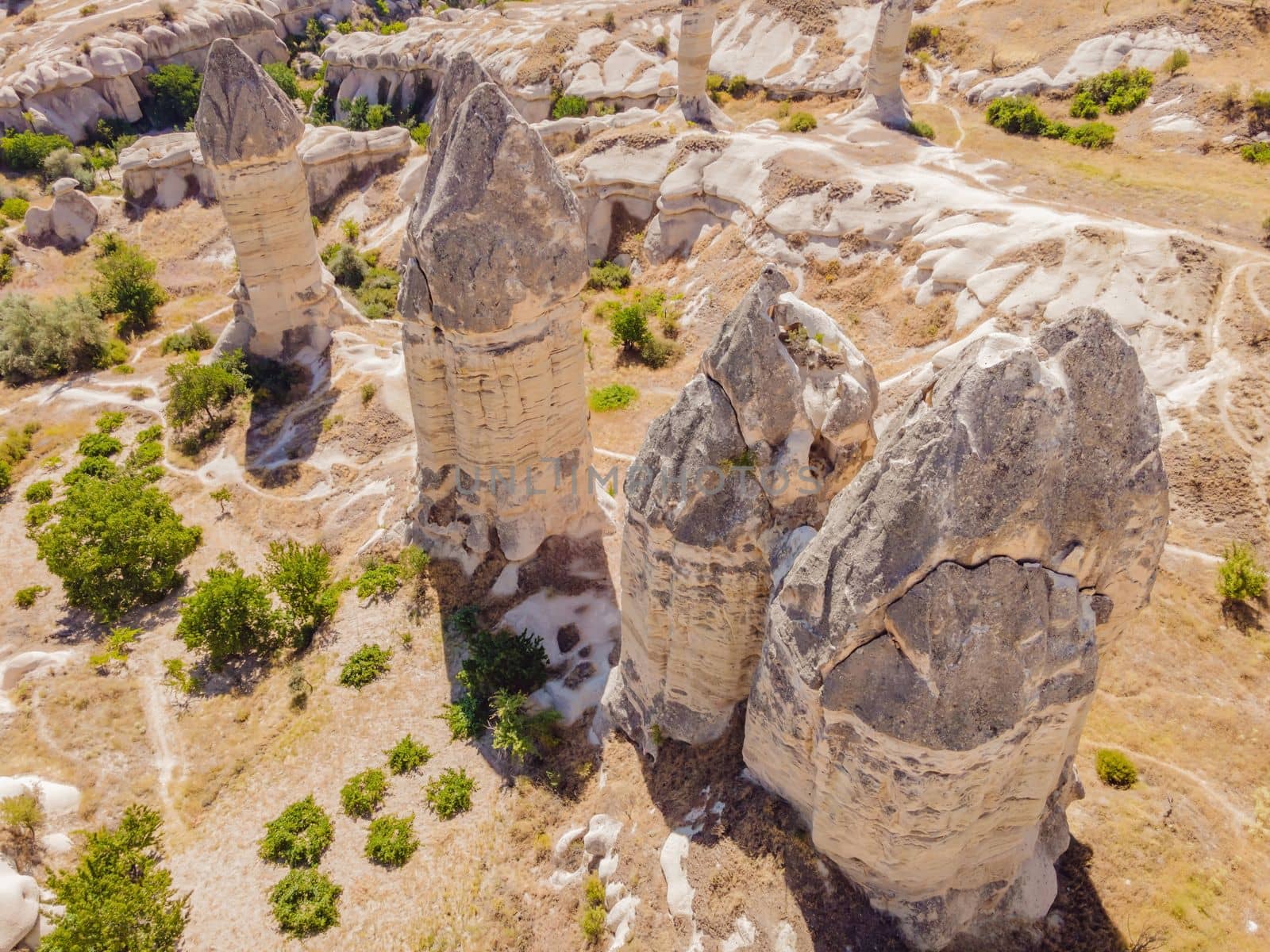 Unique geological formations in Love Valley in Cappadocia, popular travel destination in Turkey by galitskaya