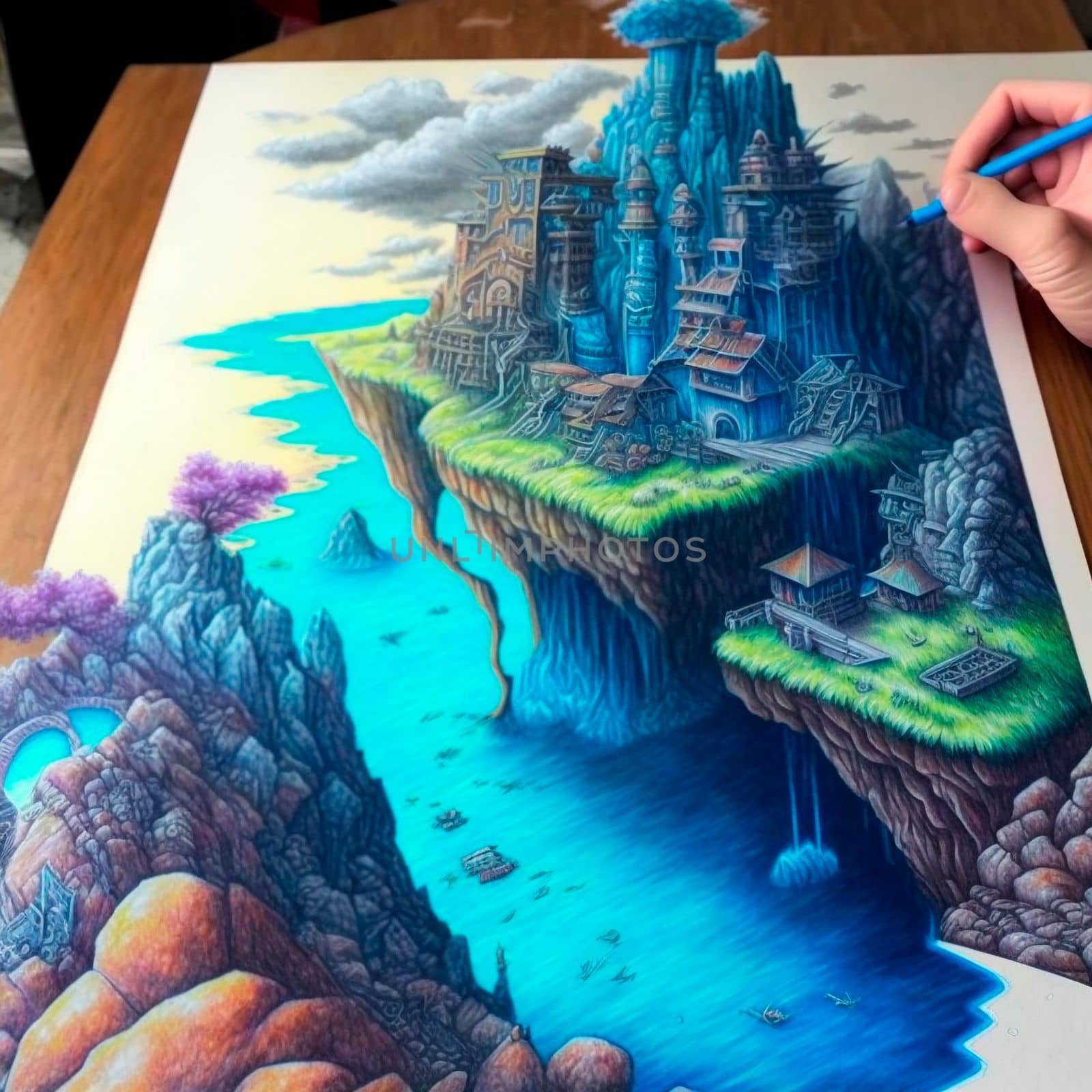 Illustration of the fantasy world on a piece of paper. High quality illustration