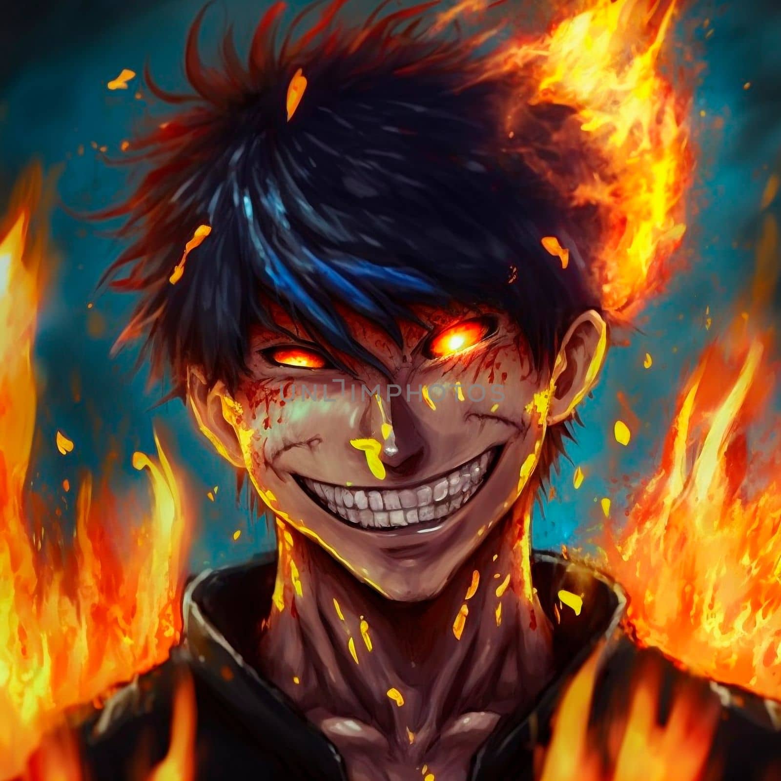 A sinister man engulfed in flames. High quality illustration