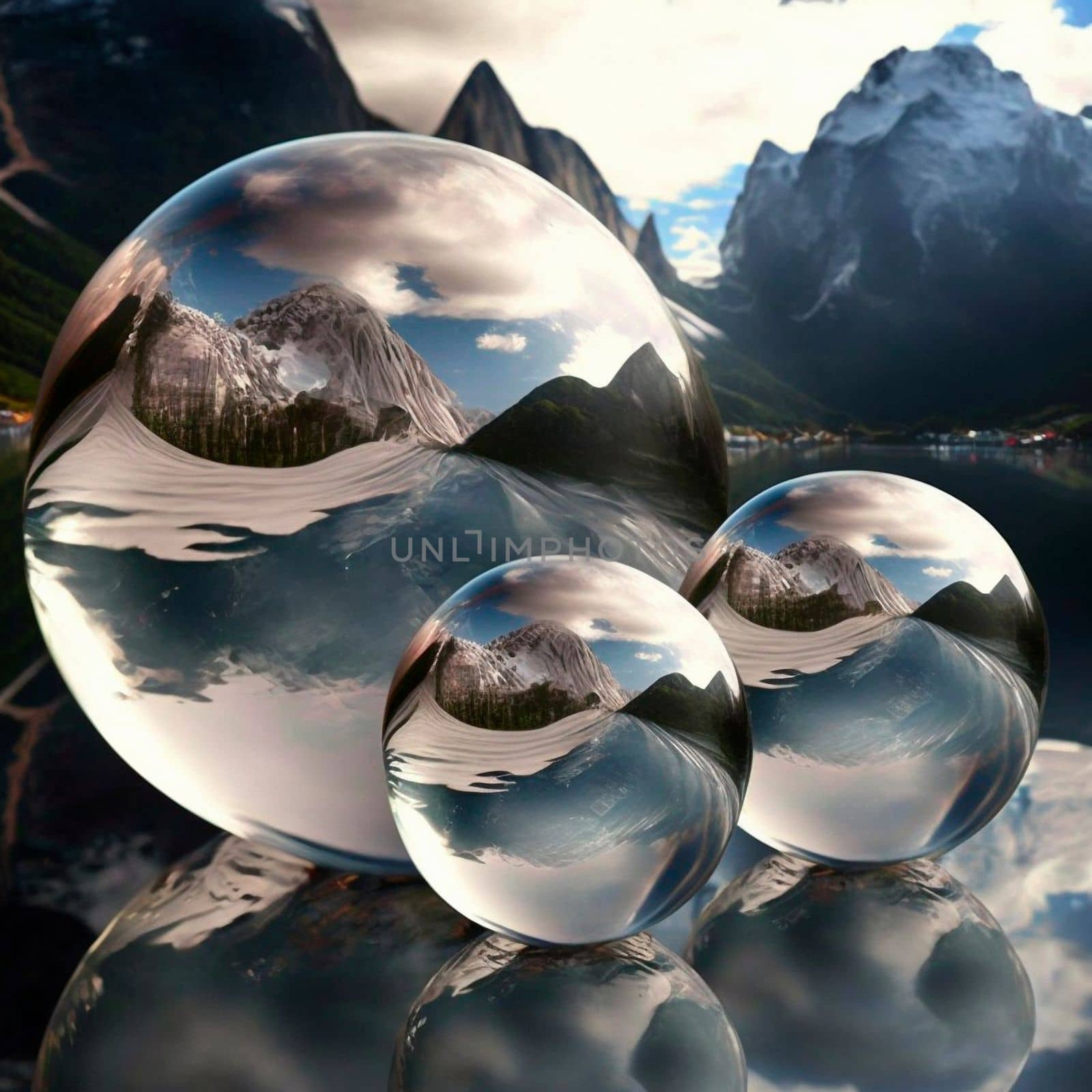 Transparent water spheres against a stunning backdrop of mountains and water. Reflection of the landscape and elements inside the spheres by NeuroSky