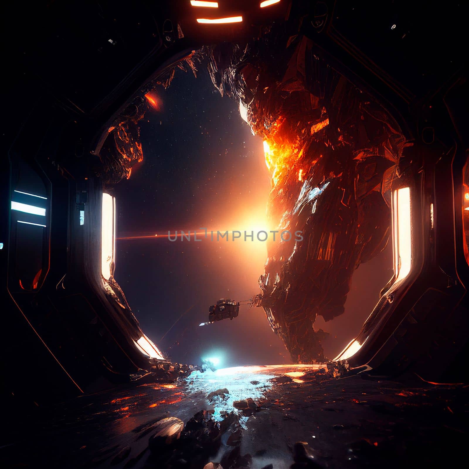 Space portal, space view, event horizon. Universe of Interstellar. High quality illustration
