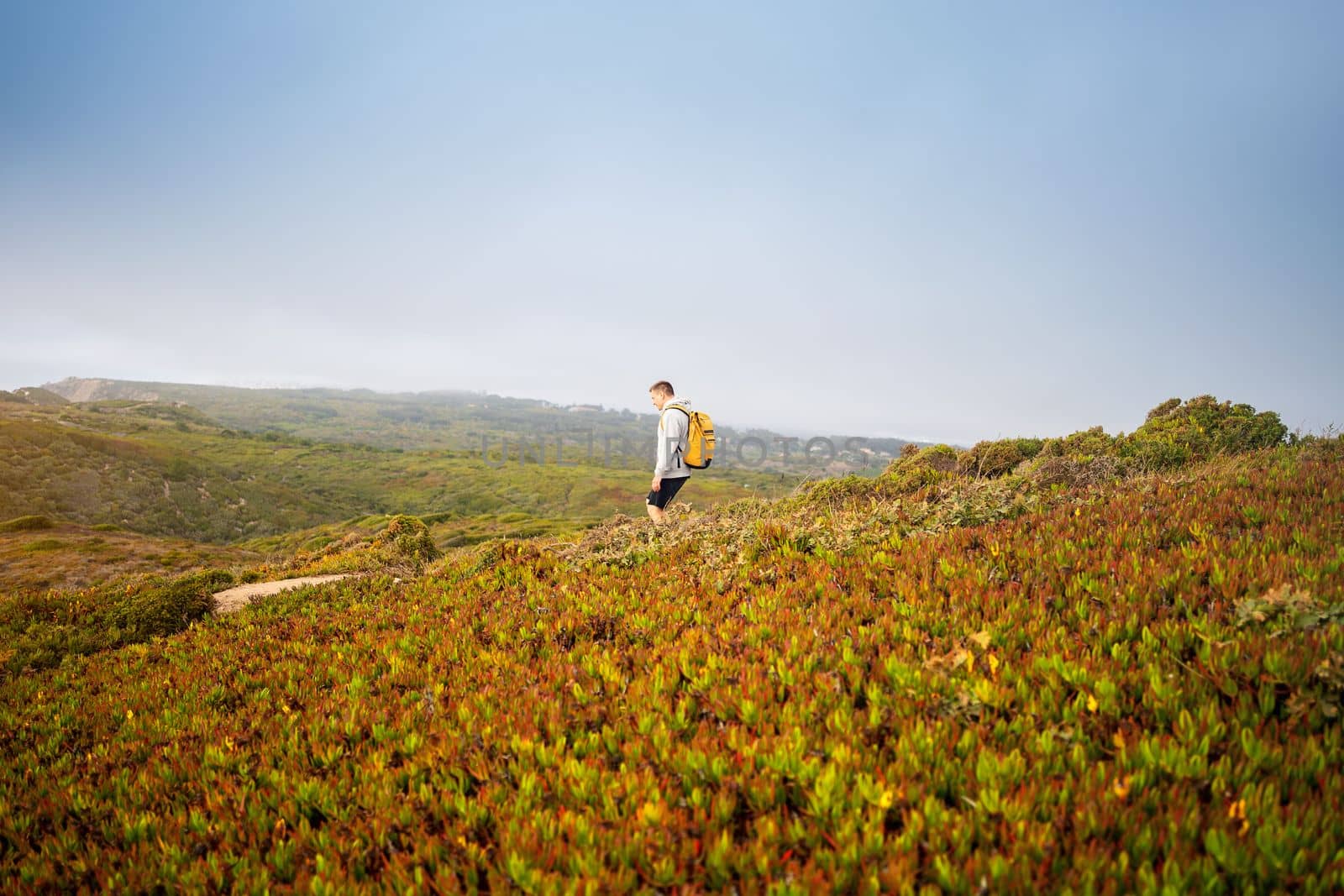Side view young man with yellow backpack. Man traveler wearing grey hoodie with backpack explore nature. Wanderlust lifestyle. Mountaineering Travel Lifestyle concept.