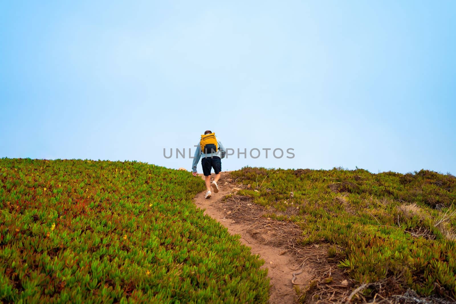 Rear-view young man with yellow backpack. Man traveler wearing grey hoodie with backpack explore nature. Wanderlust lifestyle. Mountaineering Travel Lifestyle concept. Full length