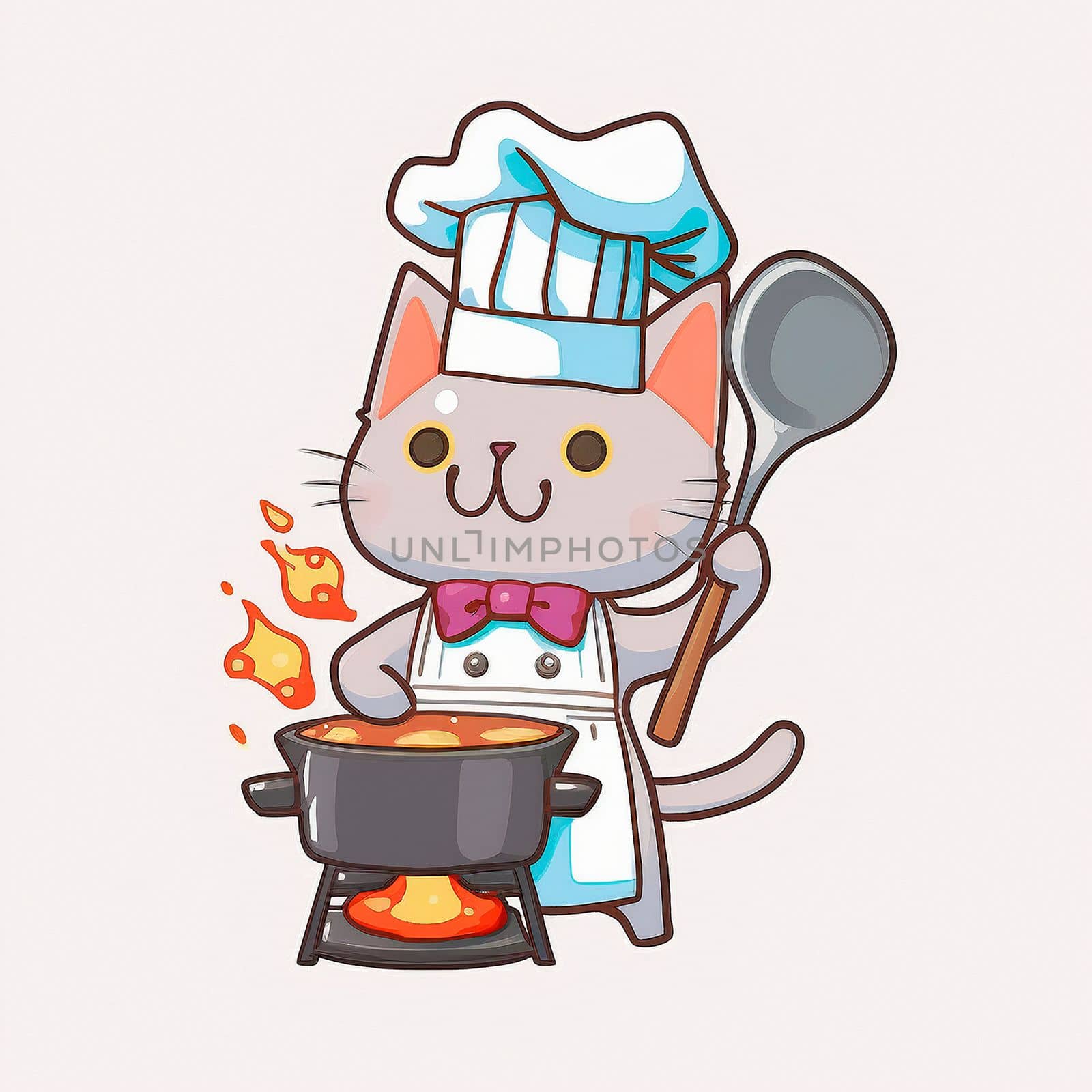 Cartoon image of a cook's cat in a chef's hat, who cooks something in the kitchen, cartoon. High quality illustration