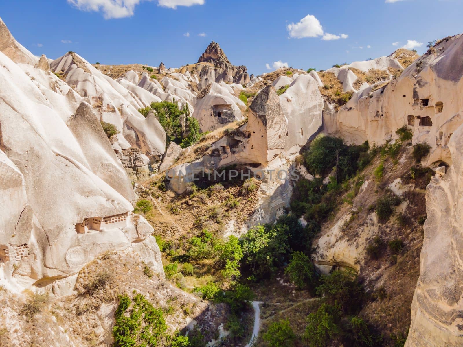 Beautiful stunning view of the mountains of Cappadocia and cave houses. Turkey.