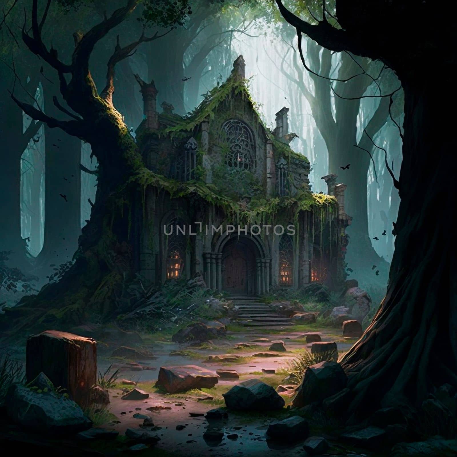 mysterious ruins in the forest. High quality illustration