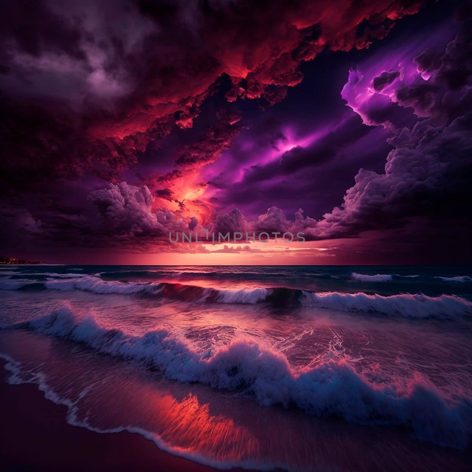 gloomy purple sunset on the beach. High quality illustration