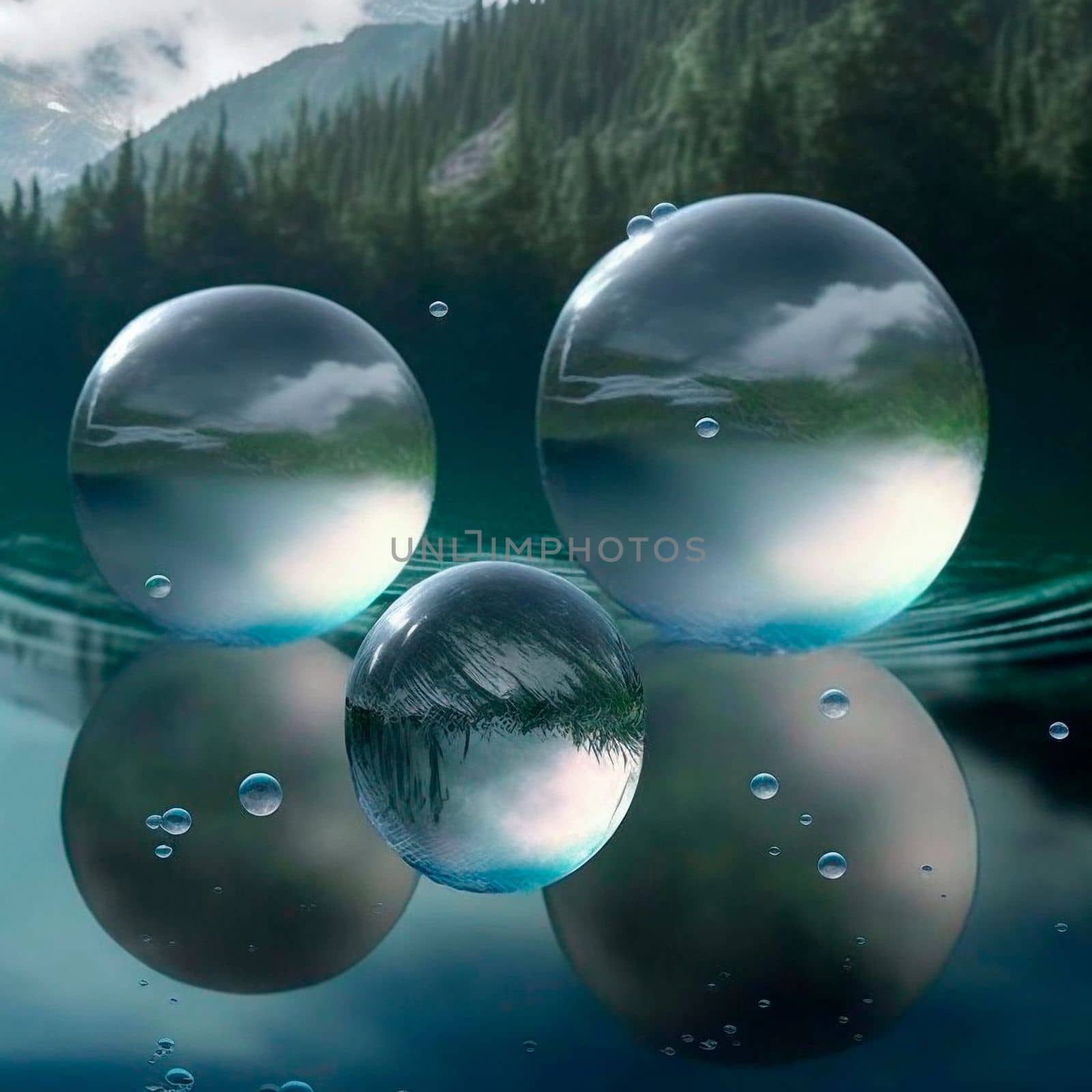 Transparent water spheres against a stunning backdrop of mountains and water. Reflection of the landscape and elements inside the spheres by NeuroSky