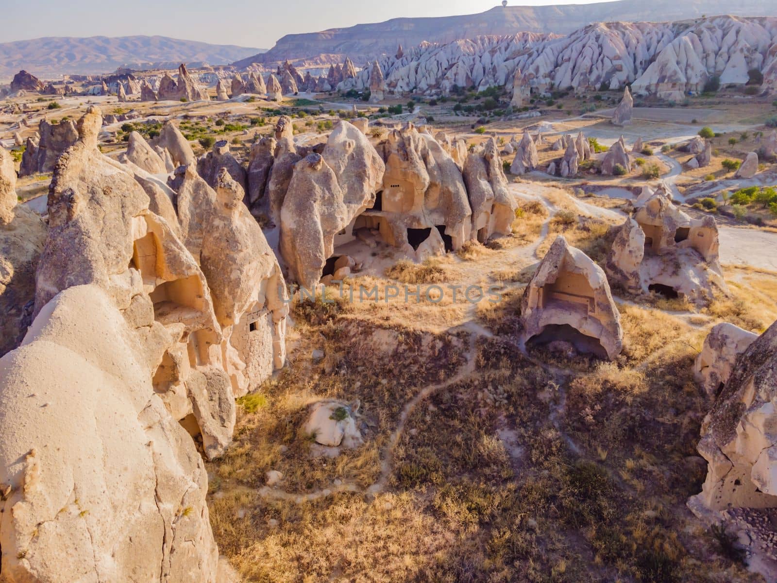 Beautiful stunning view of the mountains of Cappadocia and cave houses. Turkey.