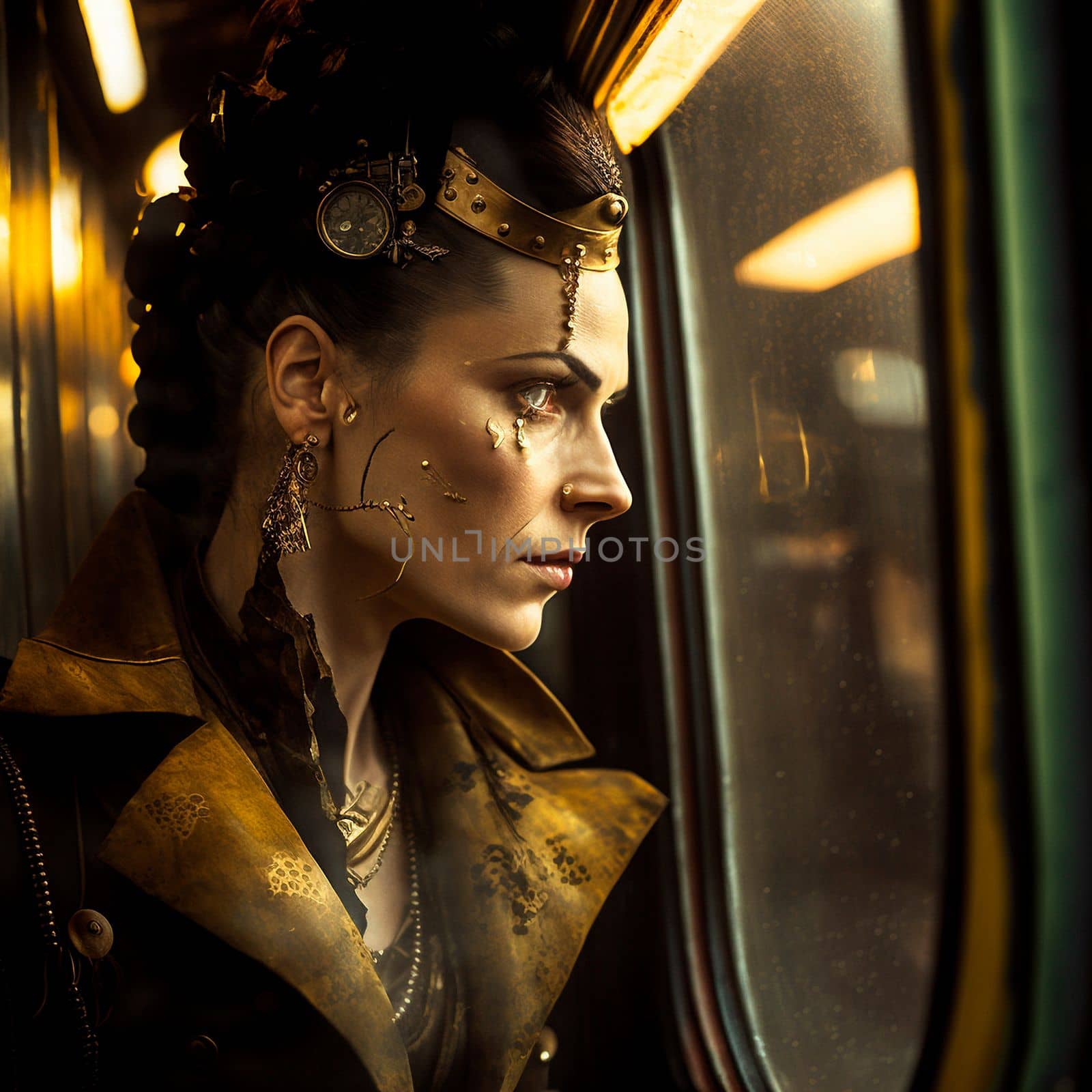 The woman is on the train. Cyberpunk art. High quality illustration