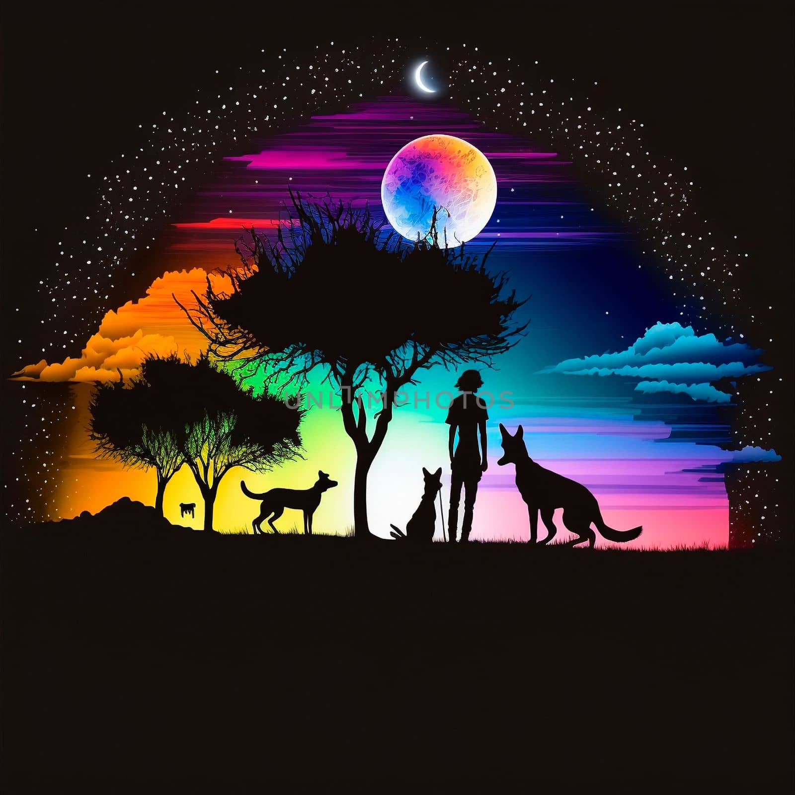 man under the moon with his dogs, drawing 2d. High quality illustration