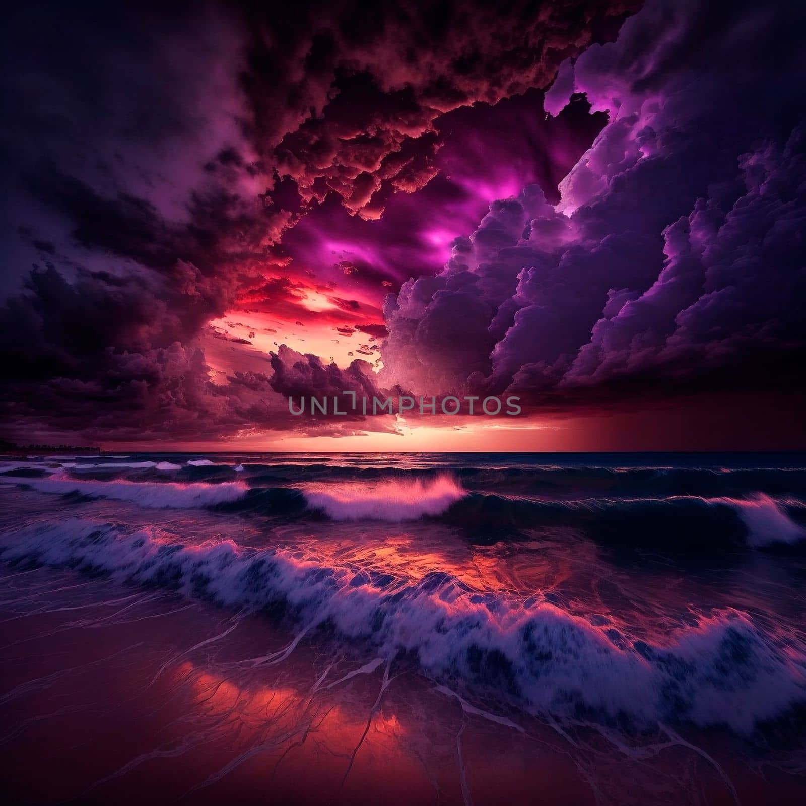 gloomy purple sunset on the beach. High quality illustration
