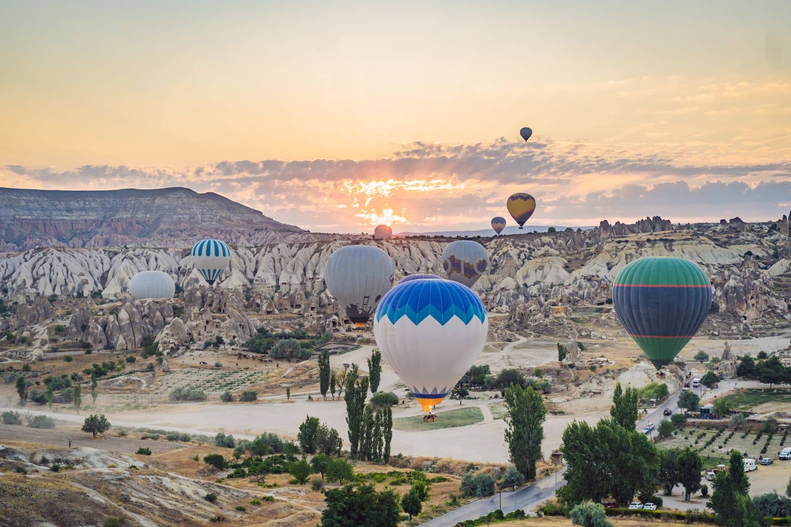 Colorful hot air balloon flying over Cappadocia, Turkey.