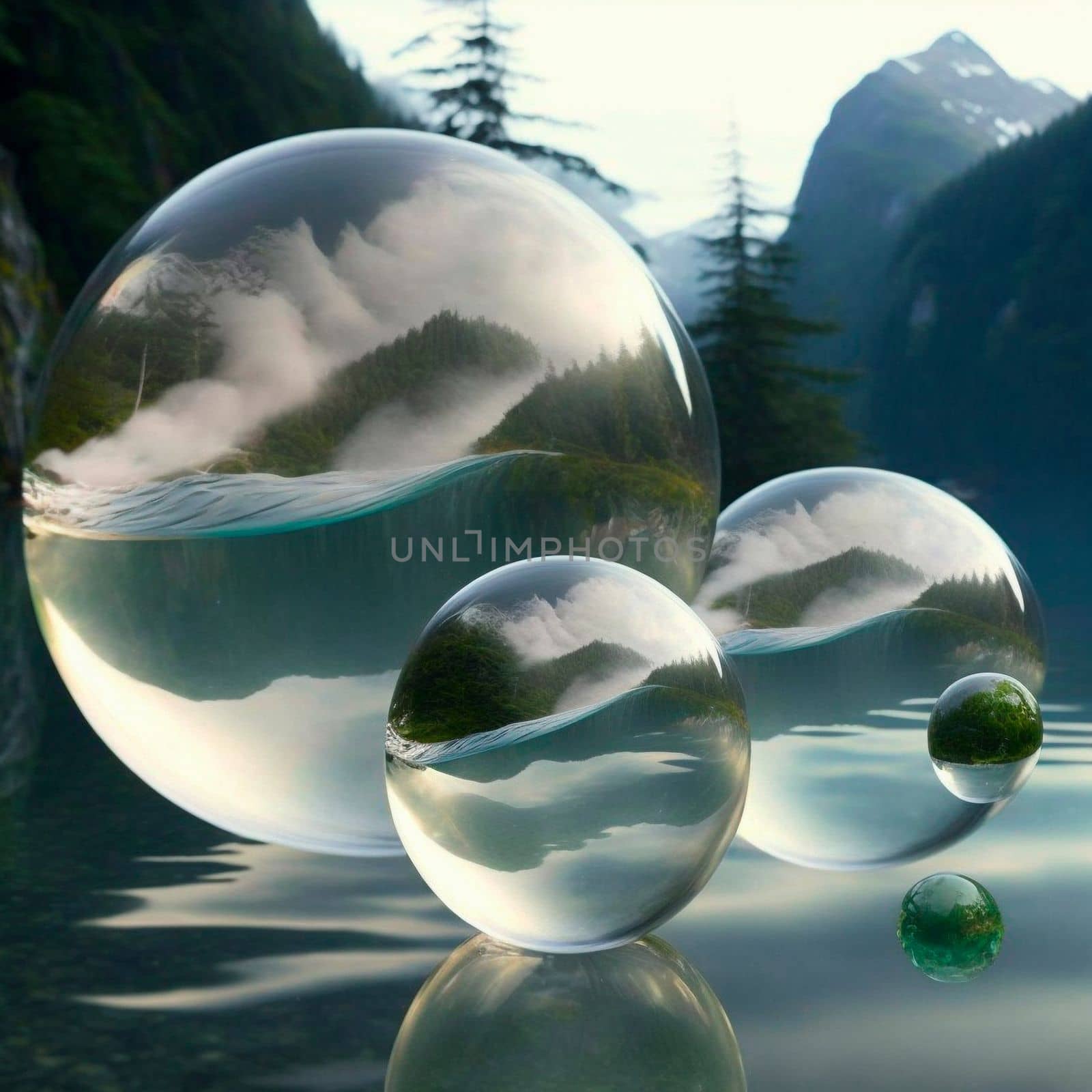 Transparent water spheres against a stunning backdrop of mountains and water. Reflection of the landscape and elements inside the spheres by NeuroSky