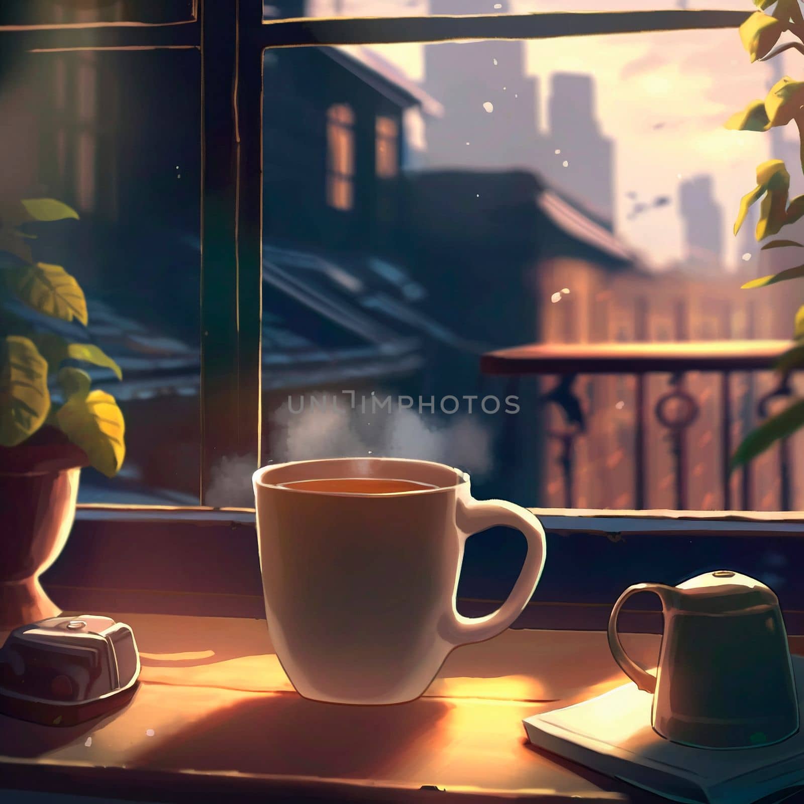 A mug of hot tea in the morning in a cafe. High quality photo