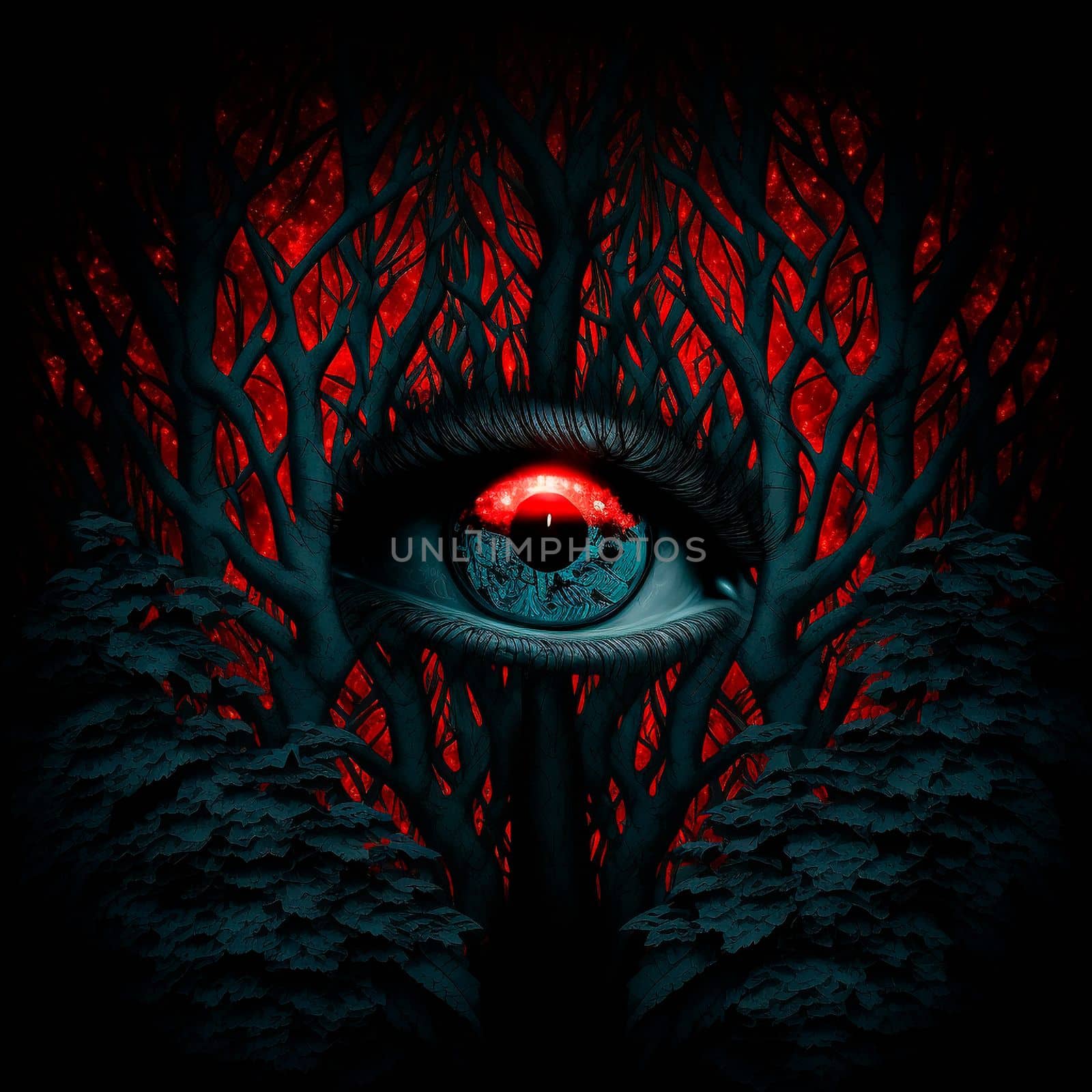 Big red eyes against the background of a gloomy mystical fores by NeuroSky