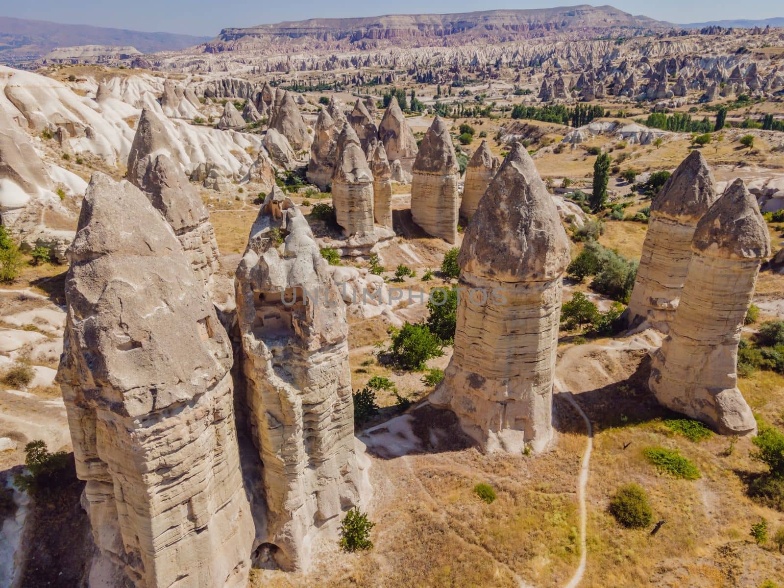 Unique geological formations in Love Valley in Cappadocia, popular travel destination in Turkey.