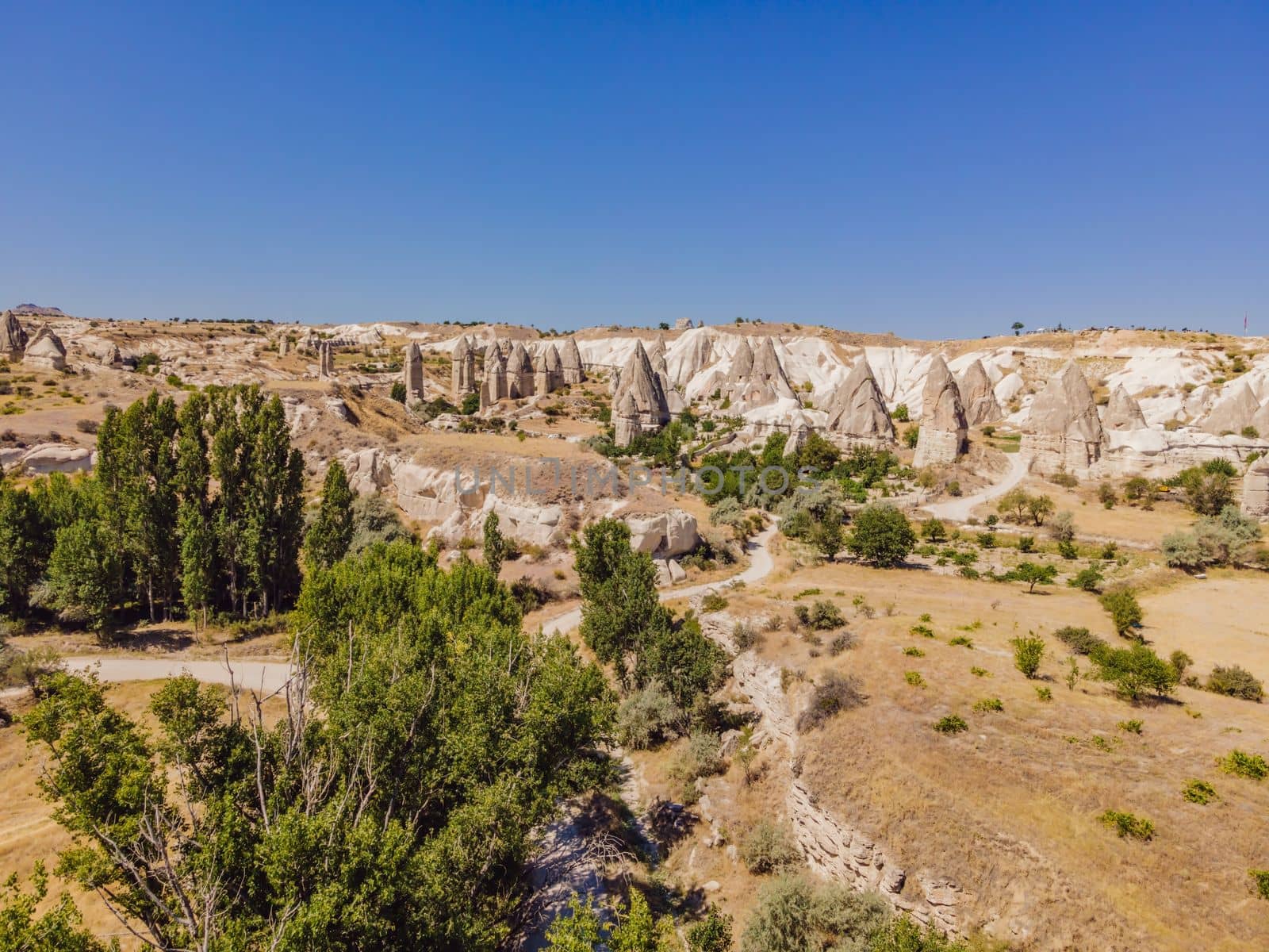 Unique geological formations in Love Valley in Cappadocia, popular travel destination in Turkey by galitskaya