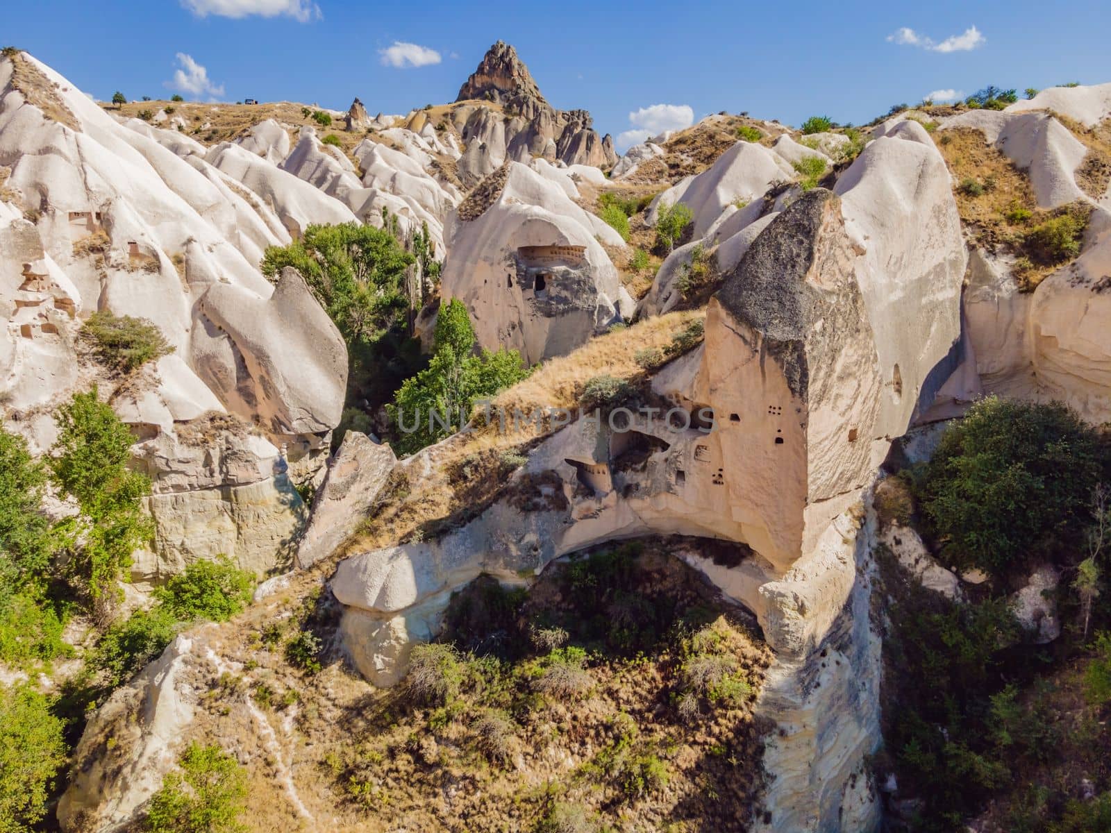 Beautiful stunning view of the mountains of Cappadocia and cave houses. Turkey.