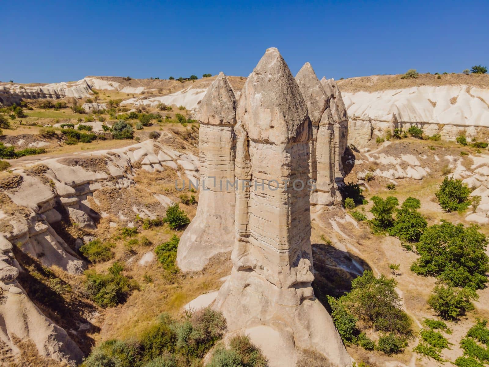 Unique geological formations in Love Valley in Cappadocia, popular travel destination in Turkey.