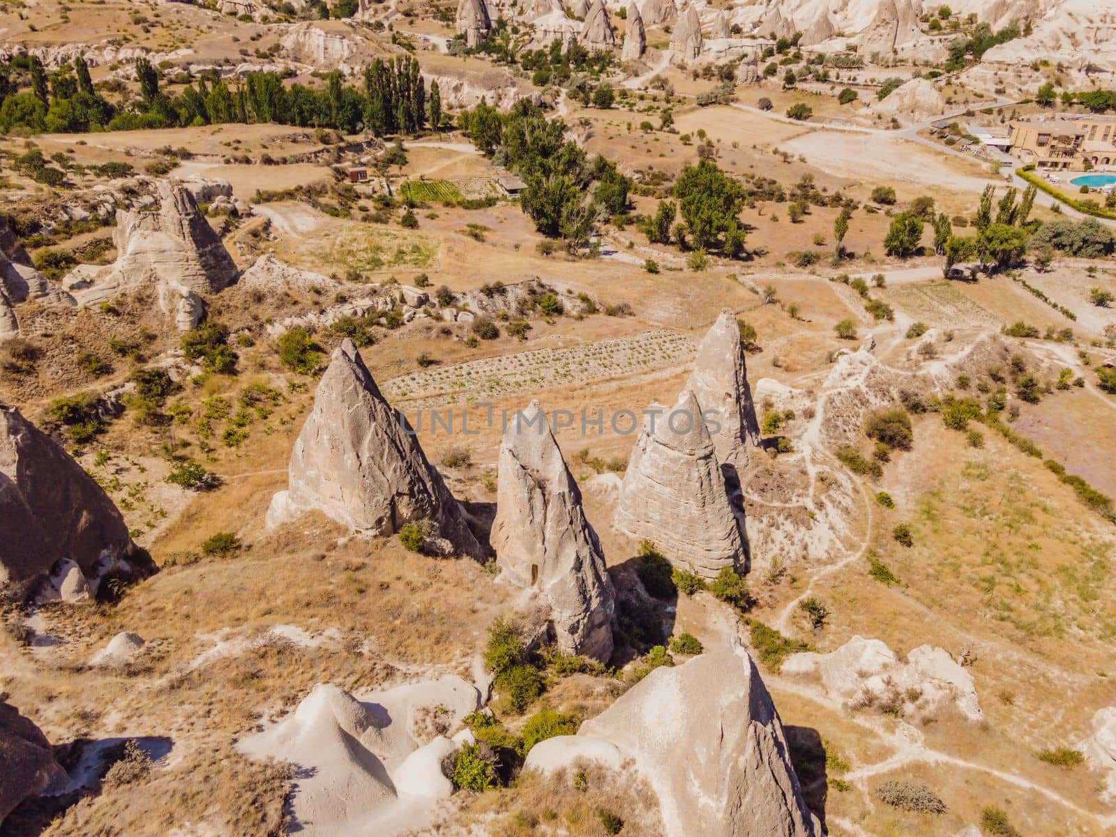 Unique geological formations in Love Valley in Cappadocia, popular travel destination in Turkey by galitskaya