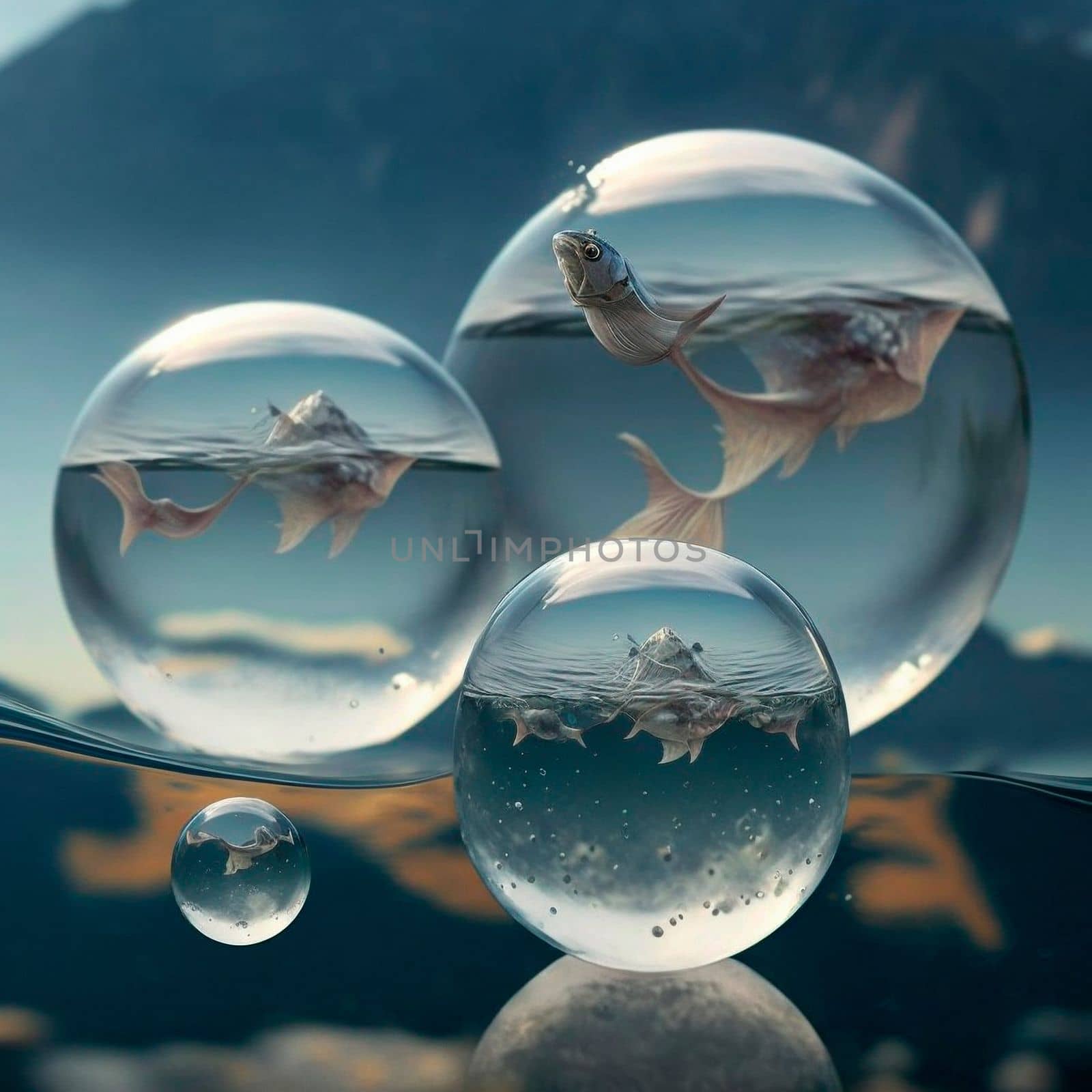 Transparent water spheres against a stunning backdrop of mountains and water. Reflection of the landscape and elements inside the spheres. High quality illustration