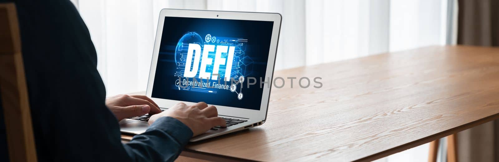 Decentralized finance or DeFi concept on modish computer screen . The defi system give new choice of investment and money saving .