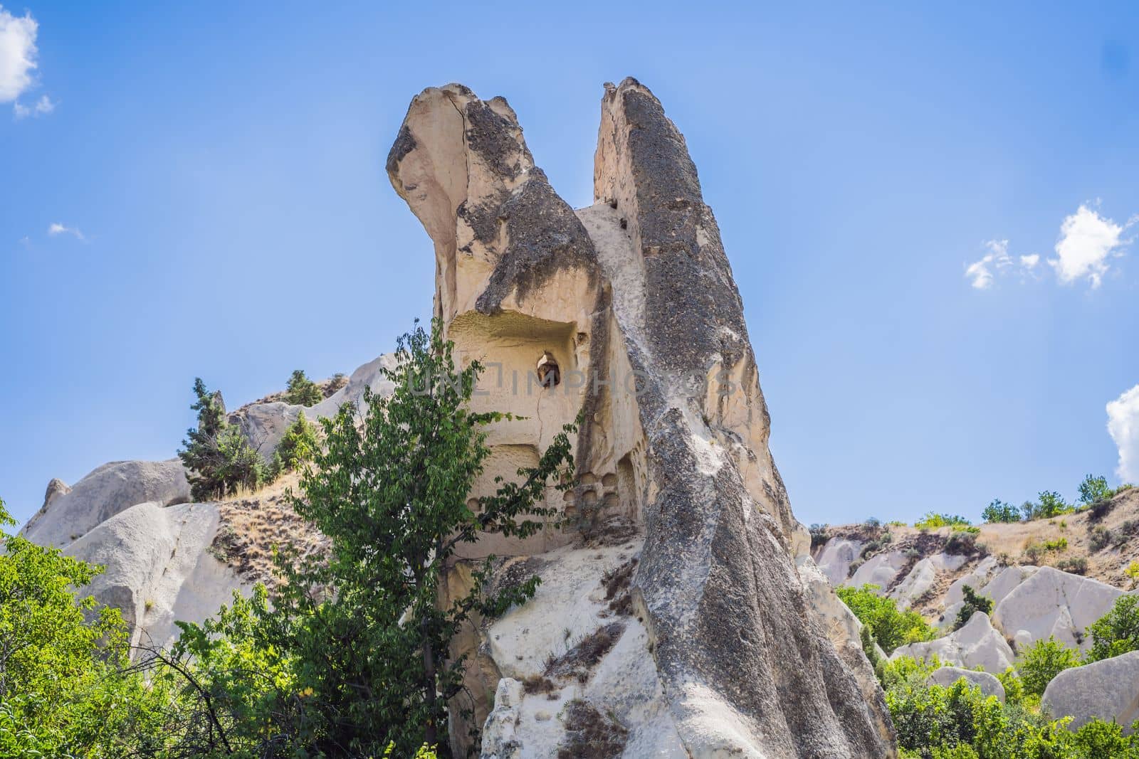 Beautiful stunning view of the mountains of Cappadocia and cave houses. Turkey by galitskaya