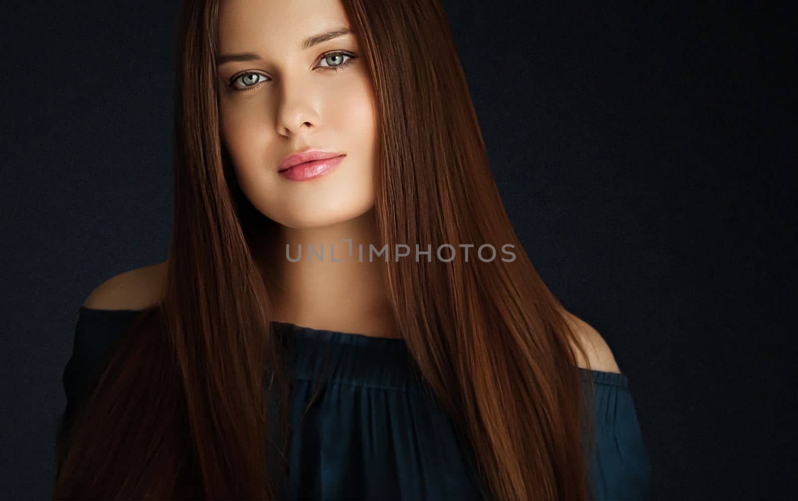 Beauty, makeup and skincare, face portrait of beautiful woman with long hairstyle on black background for luxury cosmetics, wellness or glamour fashion by Anneleven