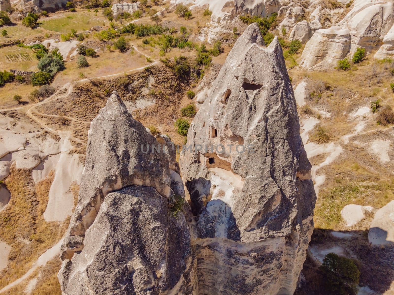 Unique geological formations in Love Valley in Cappadocia, popular travel destination in Turkey.