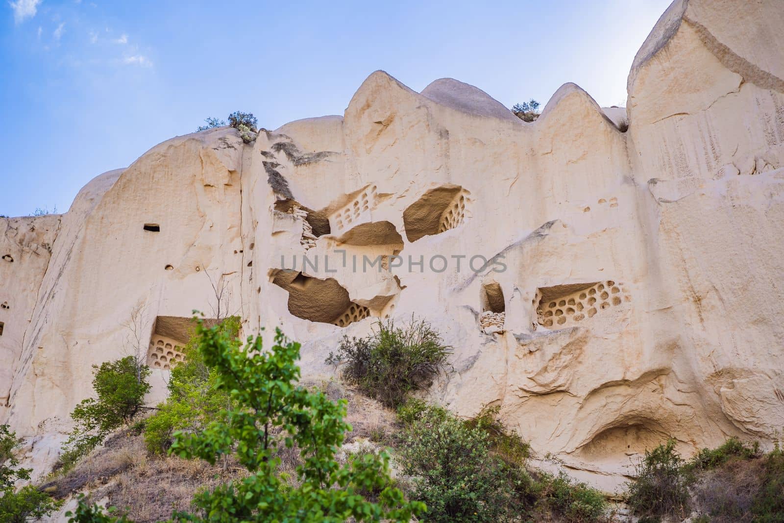 Beautiful stunning view of the mountains of Cappadocia and cave houses. Turkey by galitskaya