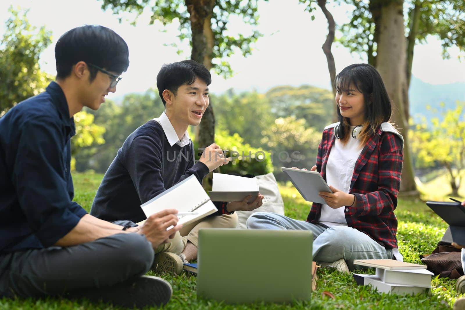 Group of friendly university students are talking to each other after classes while sitting in the park on beautiful day by prathanchorruangsak
