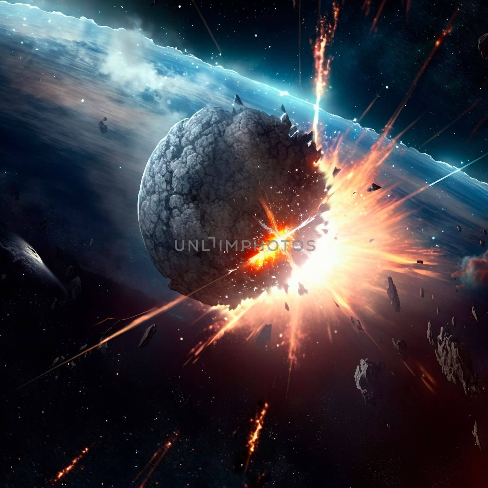 Meteor strike. Explosion in space. High quality illustration