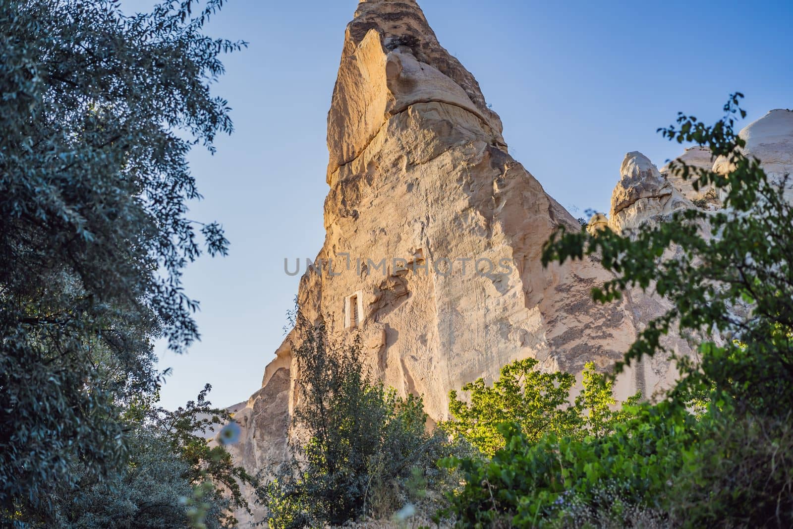 Beautiful stunning view of the mountains of Cappadocia and cave houses. Turkey.