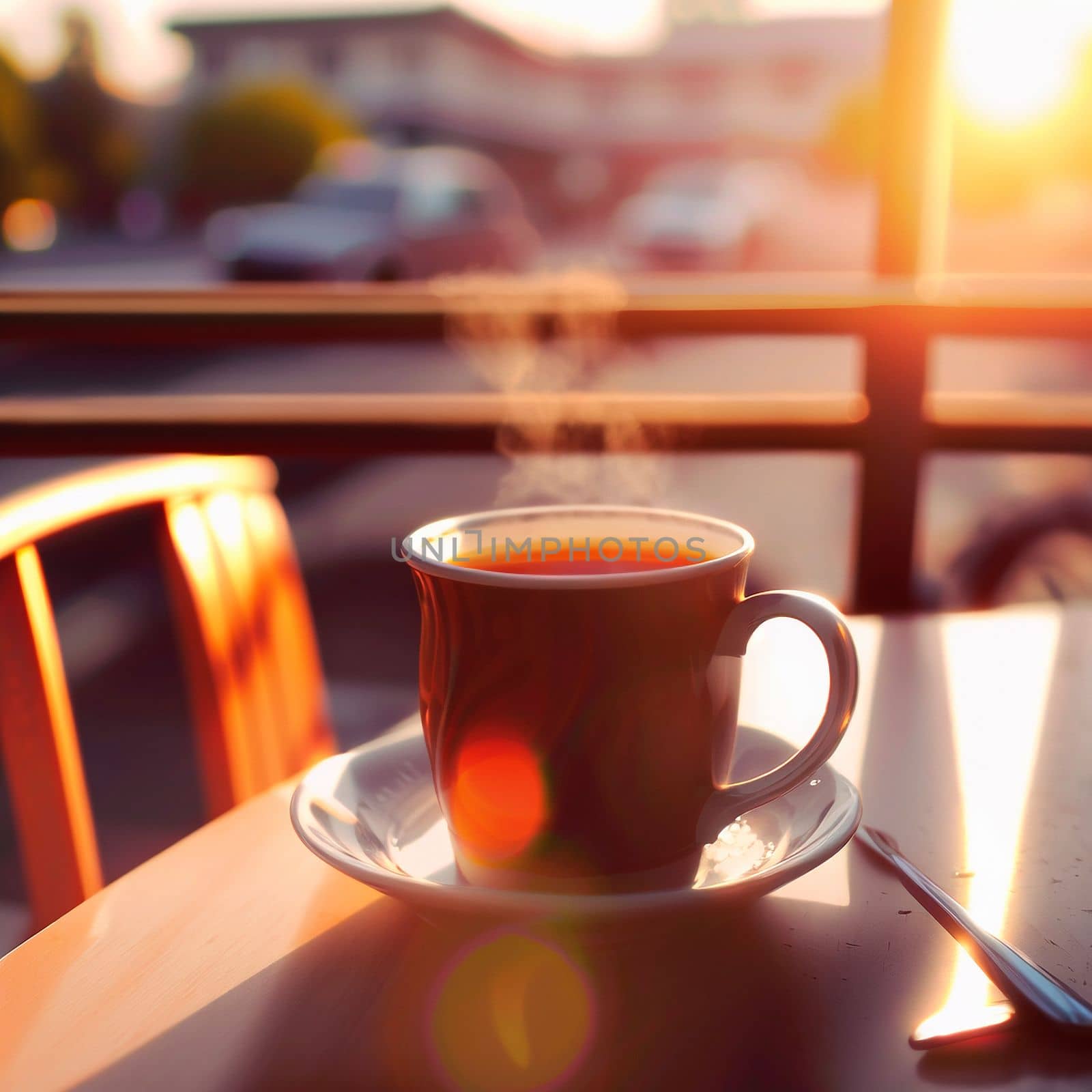 A mug of hot tea in the morning in a cafe. High quality photo