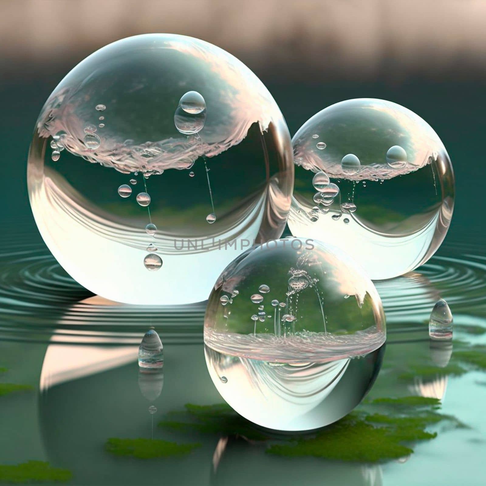 Transparent water spheres against a stunning backdrop of mountains and water. Reflection of the landscape and elements inside the spheres. High quality illustration