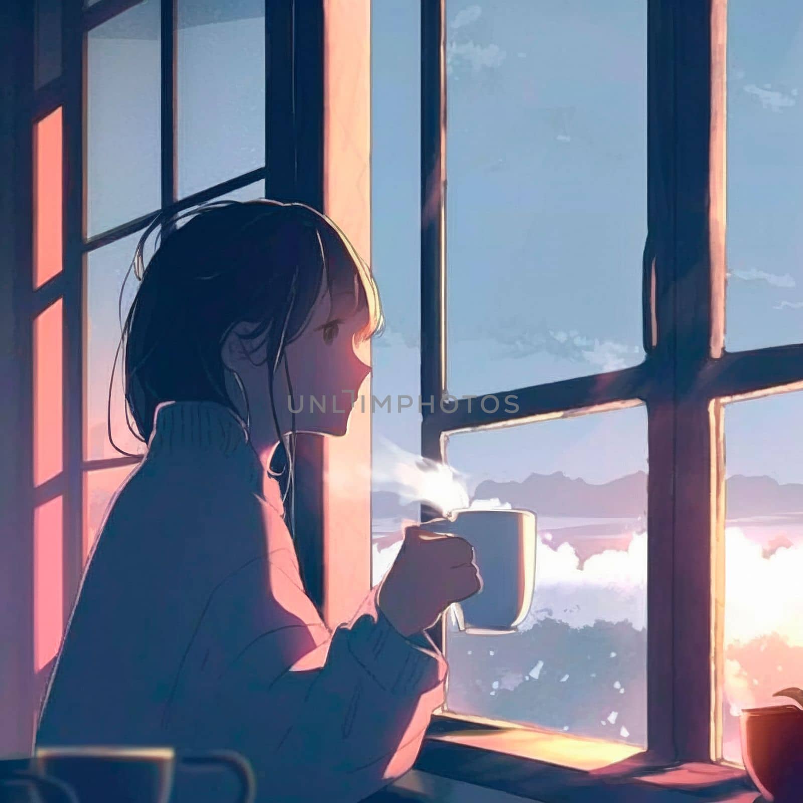 Girl with a cup of hot tea by the window in anime style. High quality illustration