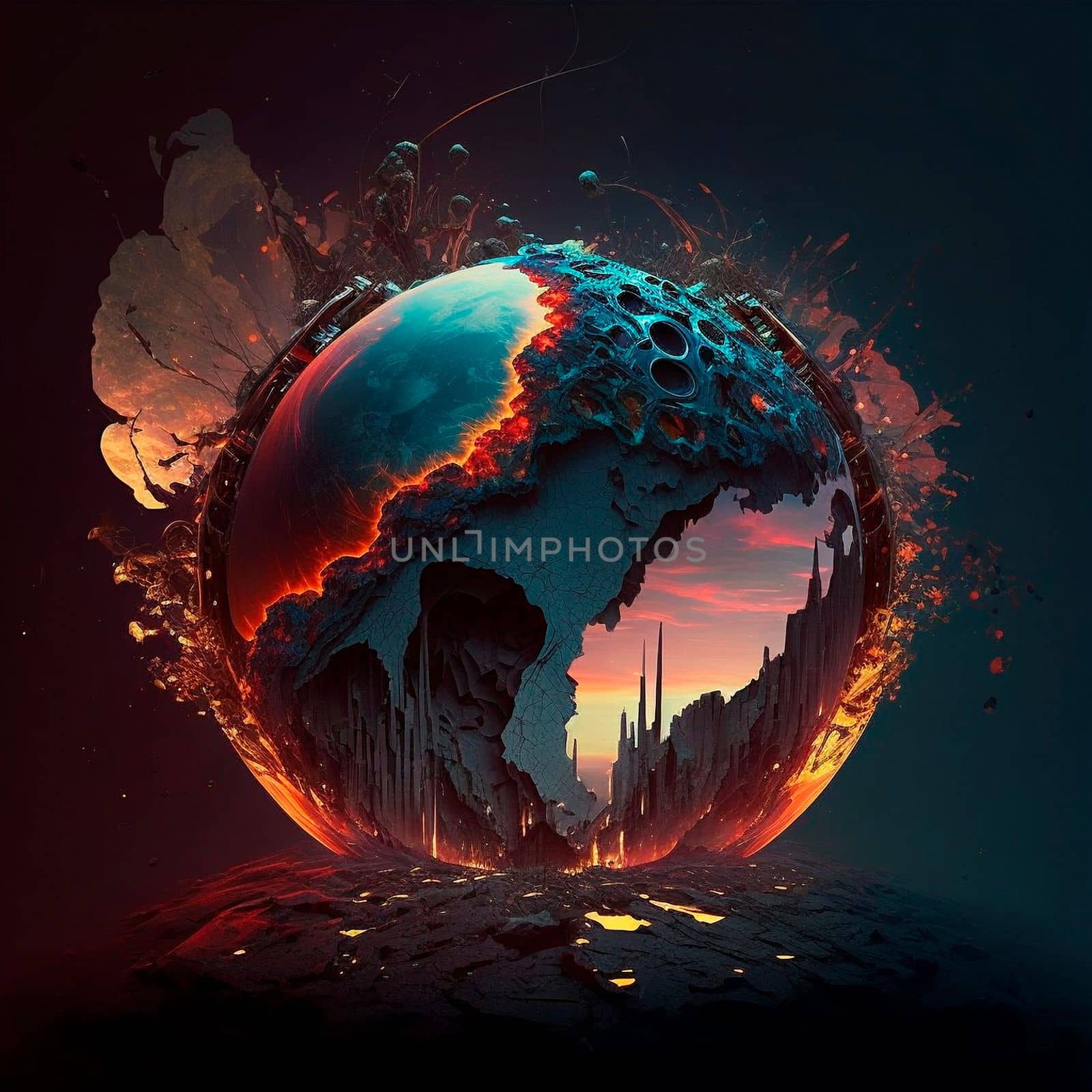 Red mountains, flashes and cracks on the surface. Gloomy sky. Magma and lava spread over the mountains. Lava world collection. High quality illustration