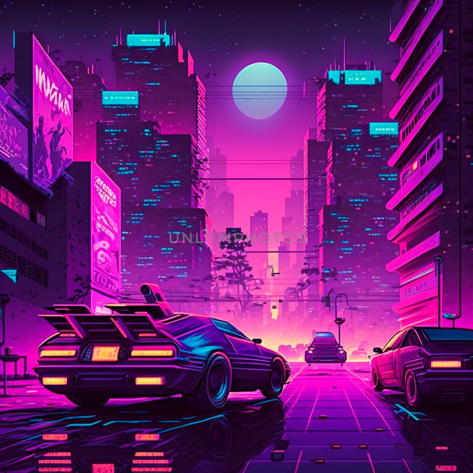 Cartoon image of a cyberpunk street. High quality illustration