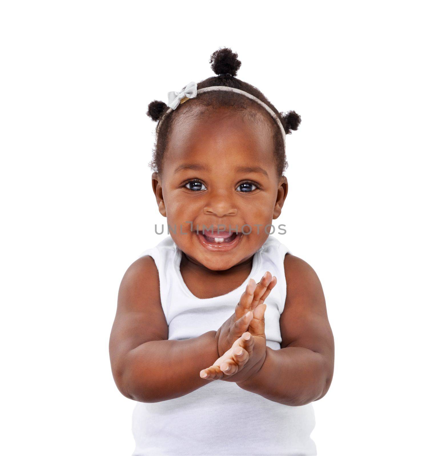 If you happy and you know it, clap your hands. Studio shot of an adorable baby girl isolated on white. by YuriArcurs